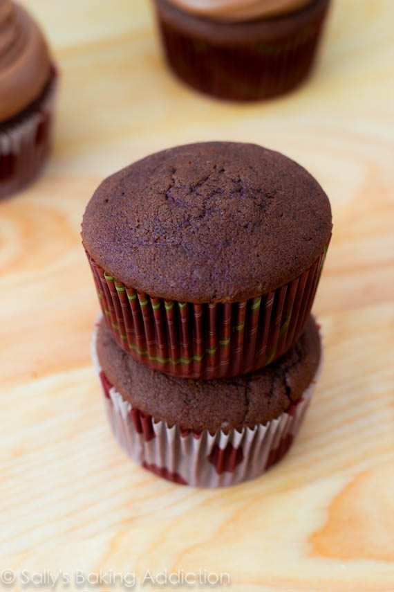 stack of 2 chocolate cupcakes without frosting