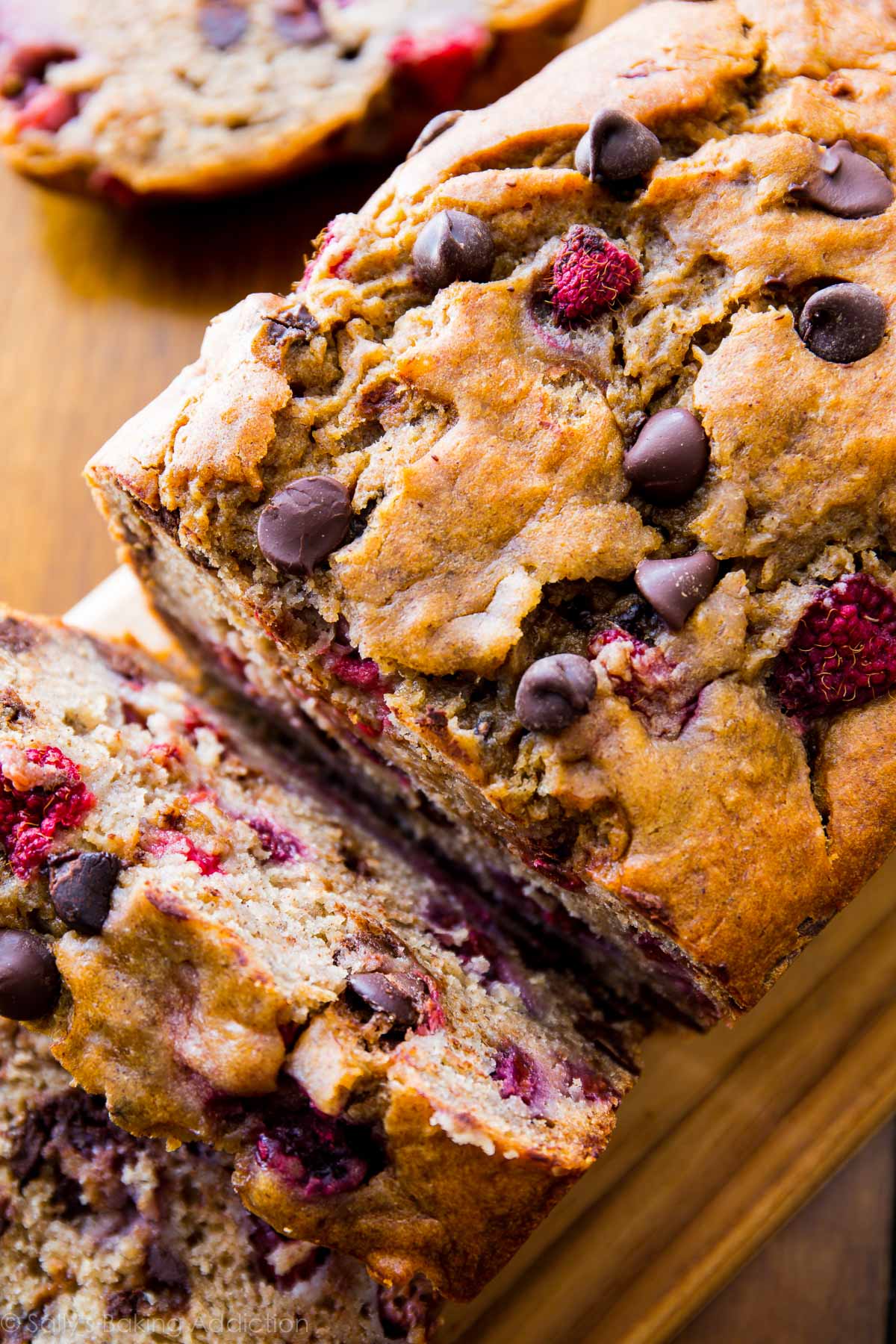 loaf of raspberry dark chocolate banana bread