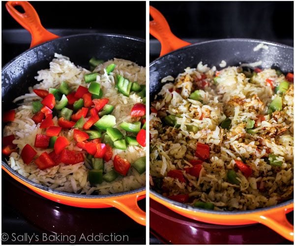 2 images of hash browns with peppers on top before and after sautรฉing