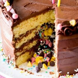 piñata cake on a white serving plate with a slice removed showing the candy center
