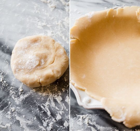 2 images of quiche crust in a disc and rolled out and placed into a pie dish