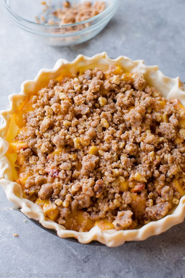 peach crumble pie before baking