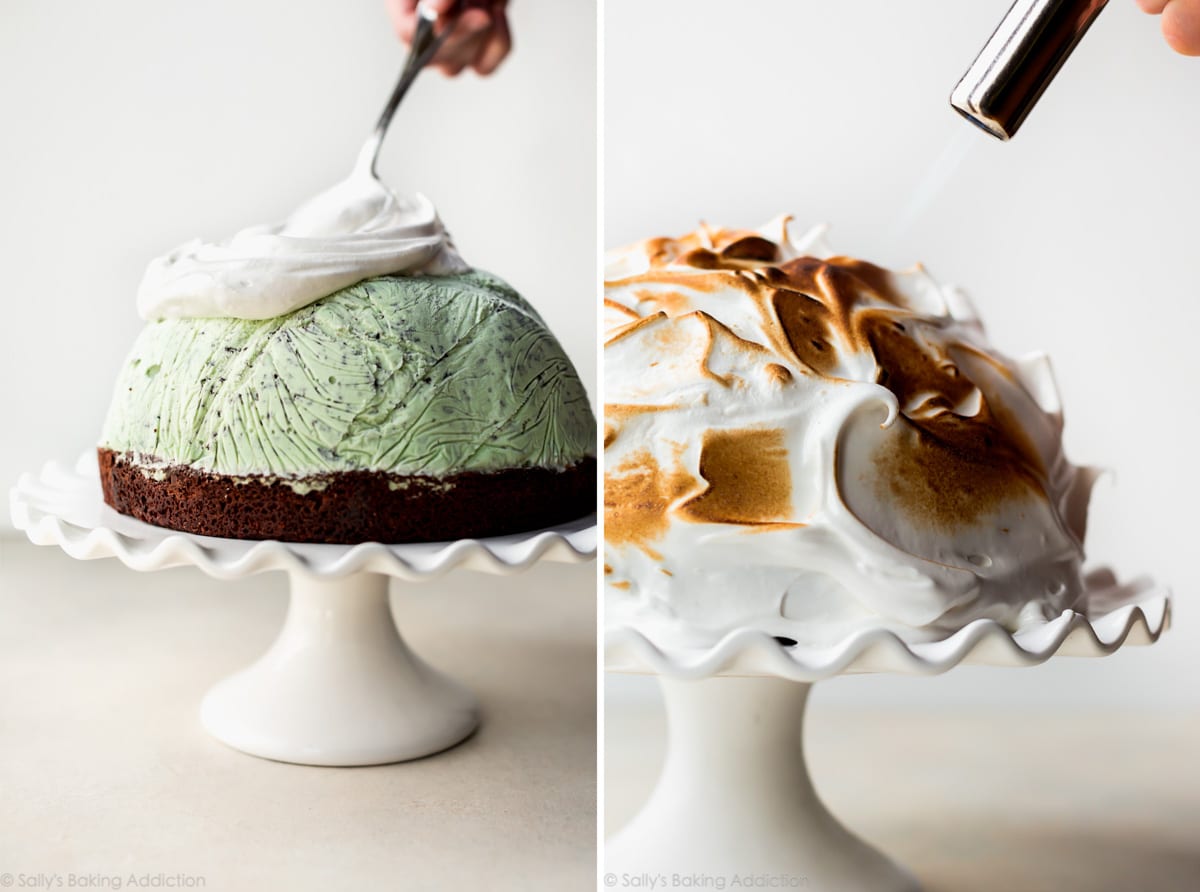 spreading meringue topping onto baked Alaska and using a kitchen torch to toast the meringue topping