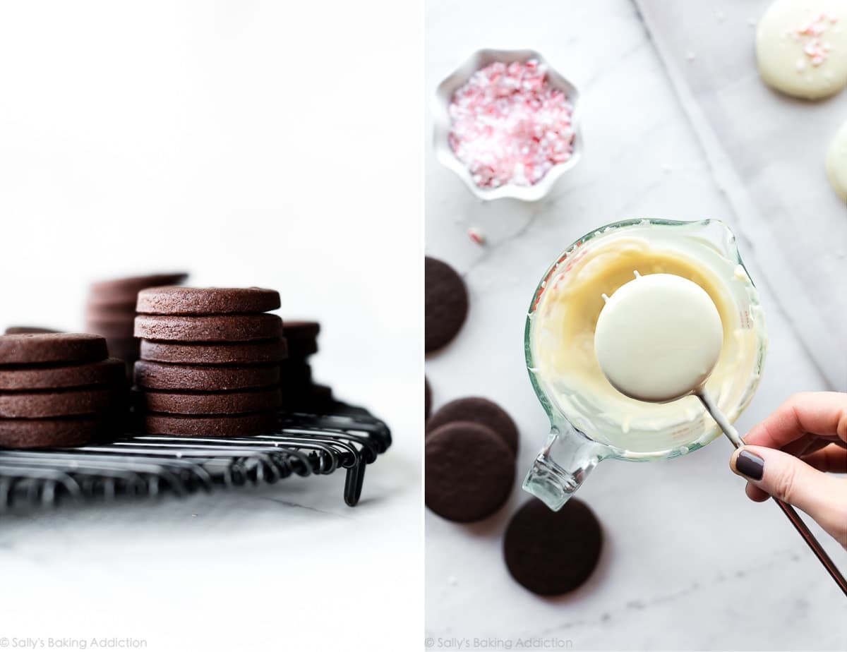 2 images of chocolate sugar cookies after baking and a hand dipping cookies into white chocolate with a dipping tool