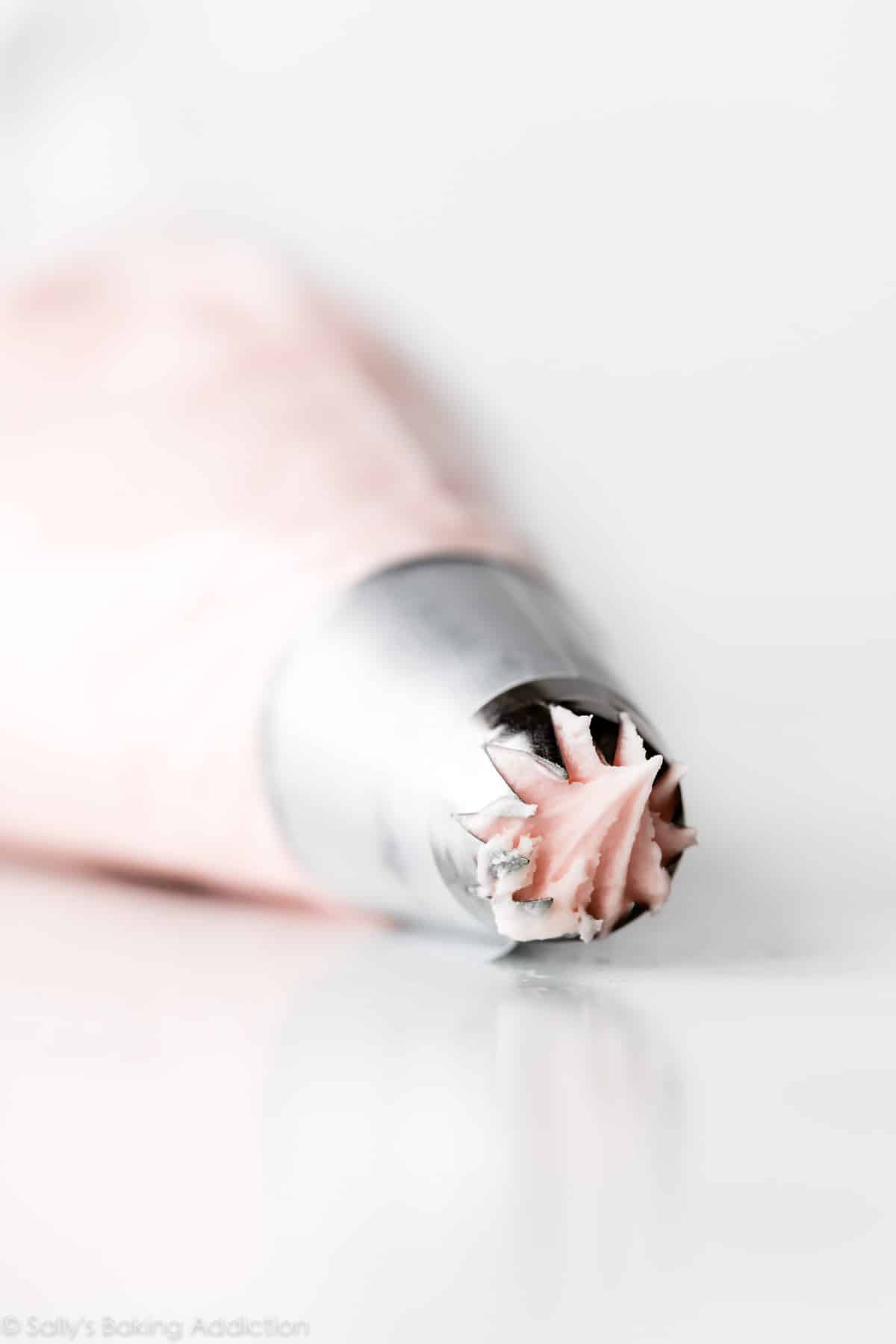 Ateco 849 piping tip with pink buttercream frosting inside piping bag