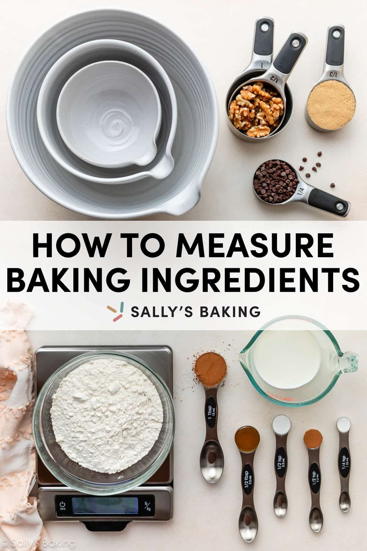 measuring spoons and cups and a food scale with ingredients.