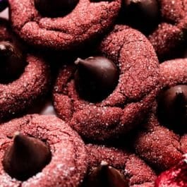 red velvet cookies with Hershey's Kisses pressed in the center