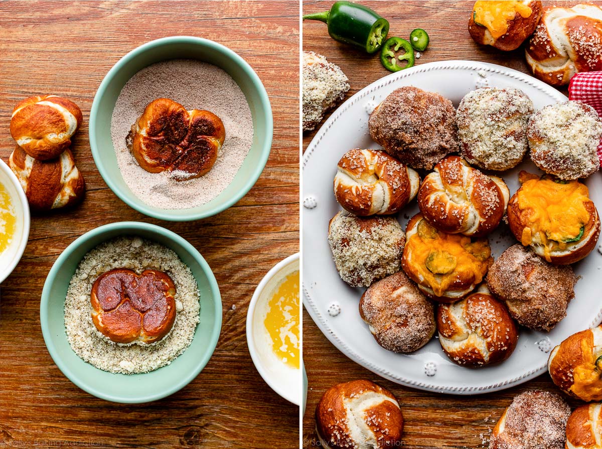 soft pretzel knots with different toppings including garlic parmesan, cinnamon sugar, and jalapeรฑo cheddar