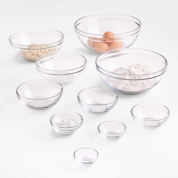 set of 10 glass mixing bowls.