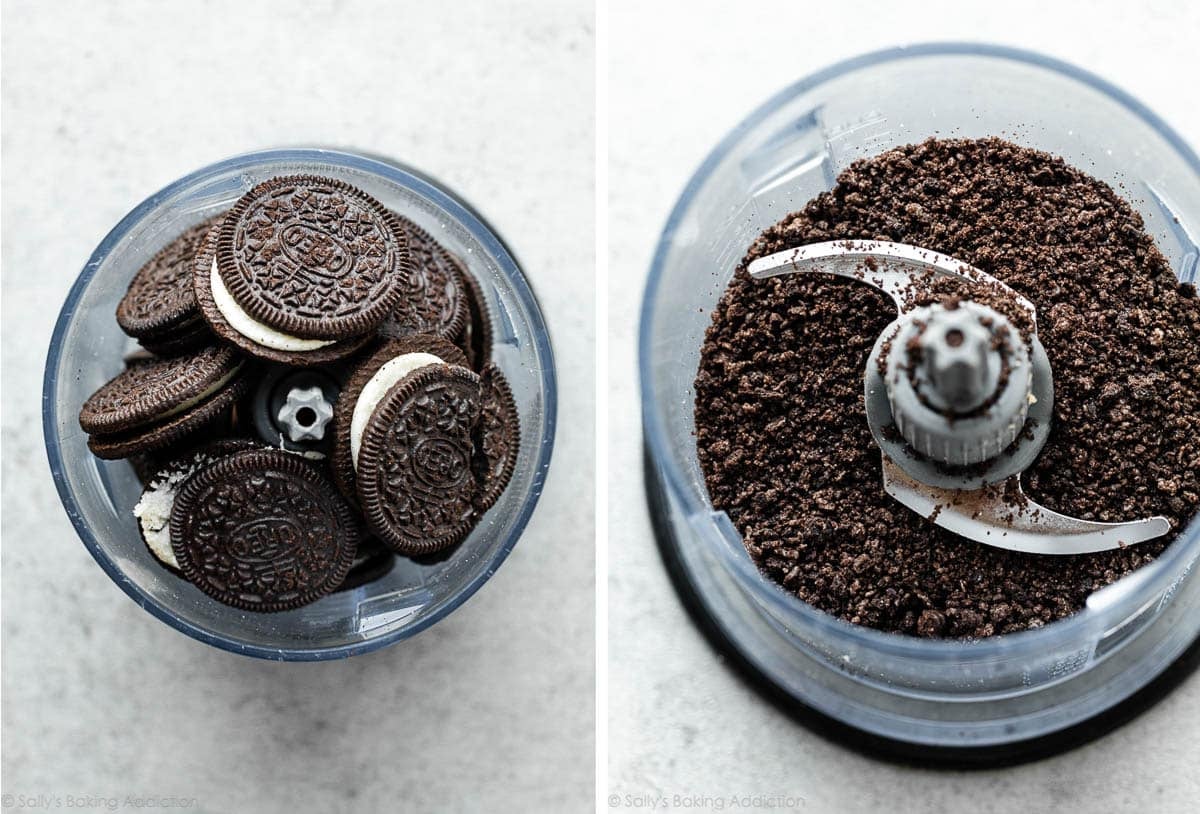 chocolate sandwich cookies in food processor and shown again pulsed into crumbs.